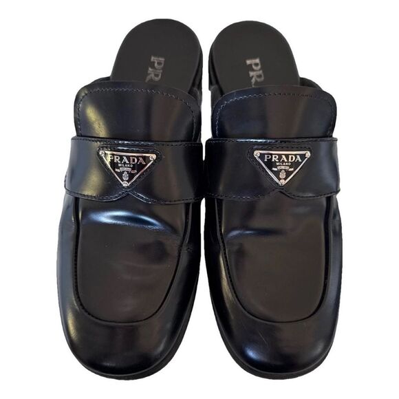 Prada Black Square Toe Leather Logo Slip-On Mules EU 36.5 US 6.5 Authentic - Picture 1 of 10